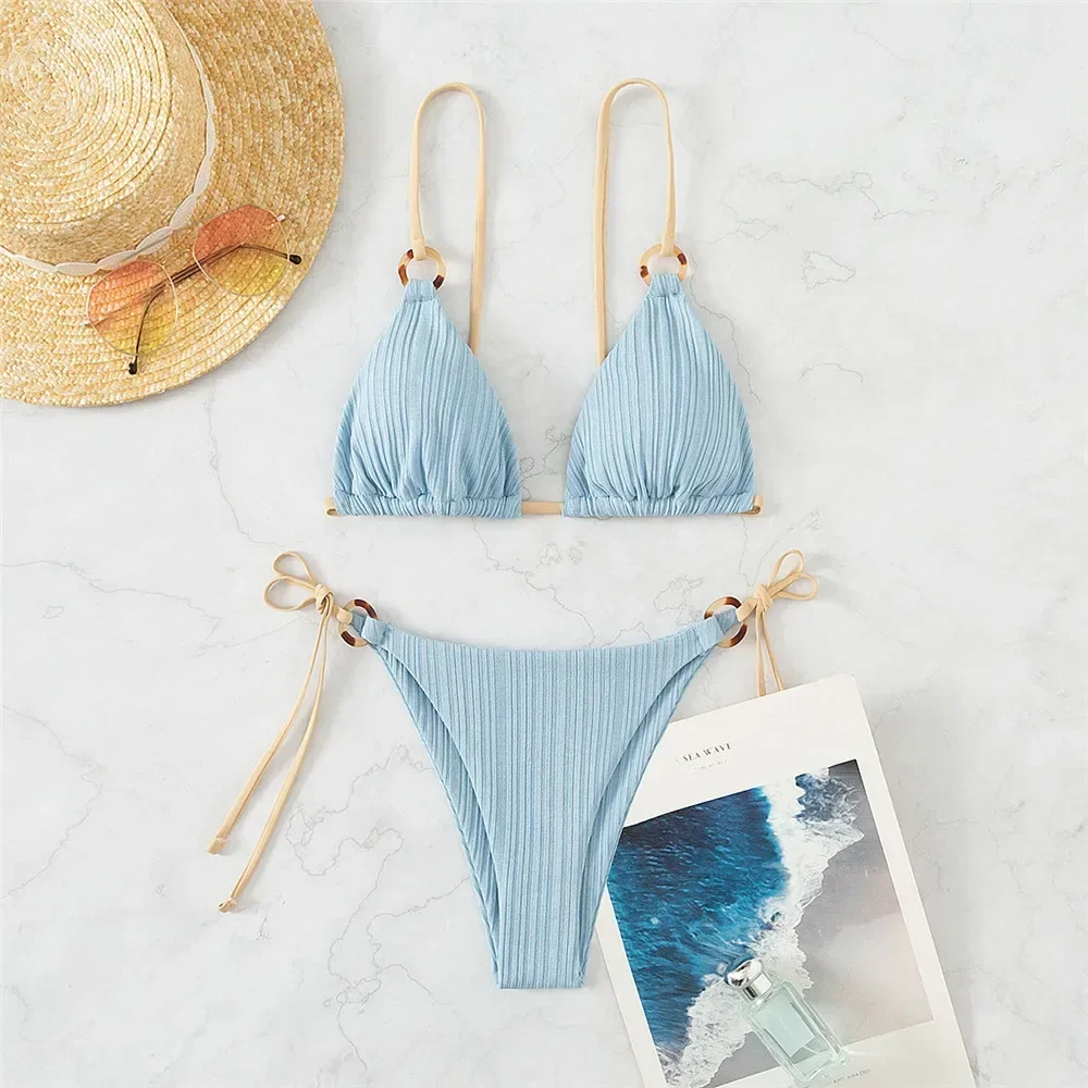 Thong Bikini Women - Light Blue Ribbed Swimwear String Bikinis